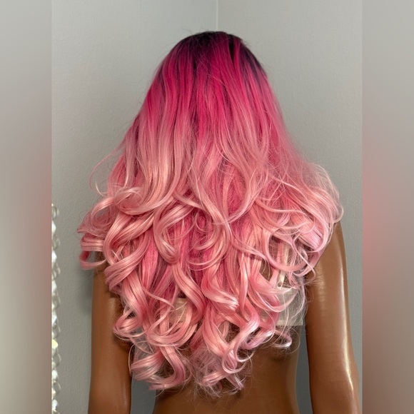 Balayage Pink Wig Ombré Curled Wavy Lace Front Dark Roots Synthetic Jem - Picture 4 of 10